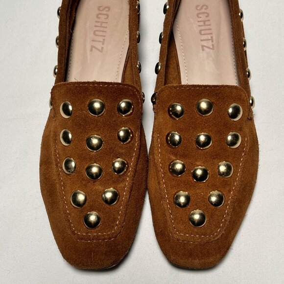 SCHUTZ Laurie Studded Suede Loafers Brown Gold Slip-On Moccasins Casual Shoe 5.5 - Picture 5 of 13